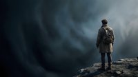 Male adult hiker wearing backpack standing on rocky cliff edge facing massive tornado storm, dramatic weather disaster scene for adventure and survival concepts.