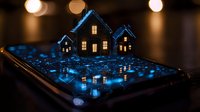 Glowing miniature houses on dark surface with blue illumination and bokeh lights create magical night scene atmosphere for real estate concepts.