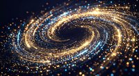 Golden spiral galaxy made of glowing particles and light trails on dark background. Digital art concept for cosmic energy, space technology and futuristic design.