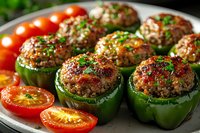 Stuffed green bell peppers with seasoned ground meat filling, garnished with fresh herbs and served with cherry tomatoes on white plate, close up food photography.