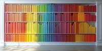 Rainbow colored books arranged on white built-in shelving create vibrant spectrum wall display in modern interior with classical architectural elements and sunlit floor.