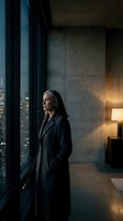 Professional businesswoman in dark coat standing by floor-to-ceiling windows overlooking city lights at night in modern office interior.