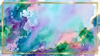 Watercolor abstract background with flowing pink, purple, teal, and green washes creating soft blended transitions. Isolated on white with gold frame border, ready for design projects, invitations, and digital backgrounds.