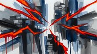 Abstract urban cityscape with dynamic red brushstrokes crossing geometric blue and gray buildings in contemporary artistic style for modern decor.