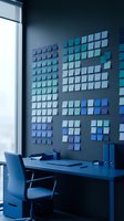 Modern office workspace with blue desk, chair, and color palette samples on dark wall near window for design and branding projects.