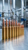 Row of brass ammunition bullets lined up on metal surface in industrial manufacturing facility with blurred machinery background.