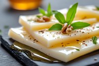 Sliced cheese with honey drizzle, crushed walnuts and fresh herbs on black slate board, macro food photography with selective focus and natural lighting.