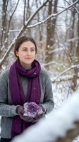 Young woman holding amethyst crystal in snowy winter forest wearing purple scarf and gray sweater for wellness and spiritual healing concepts.
