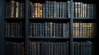 Dark moody library shelves filled with vintage leather-bound books in blue and brown tones create atmospheric academic backdrop for education and knowledge concepts.
