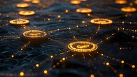 Glowing digital currency symbols connected by illuminated network lines on dark background, representing cryptocurrency and blockchain technology.