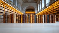 Row of vintage leather-bound books on wooden shelf in historic library interior with ornate architecture and warm lighting, creating scholarly atmosphere.