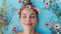Young woman with closed eyes wearing pink flower crown against blue background, surrounded by delicate wildflowers creating serene spring atmosphere.