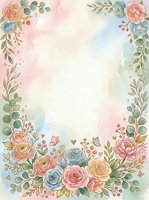 Watercolor floral frame with roses, peonies, and eucalyptus leaves in soft pink, blue, and cream tones. Isolated design on white background, ready for invitations, cards, and stationery projects.