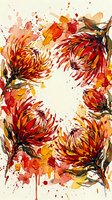 Watercolor autumn chrysanthemum flowers with paint splatters creating artistic border frame on textured paper background for seasonal design projects.