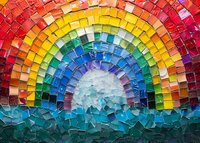 Vibrant rainbow mosaic artwork featuring colorful glass tiles arranged in an arc pattern over turquoise waves, creating a dynamic sunset or sunrise scene. Artistic wall decor piece.