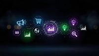 Digital marketing icons with neon glow effects on dark background showing SEO, analytics, shopping cart, and business growth symbols for technology presentations.