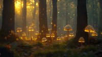 Glowing mushrooms in mystical forest at dawn with sunbeams filtering through trees, creating magical atmosphere with golden light and floating particles.
