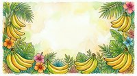 Tropical fruit and flower border frame with bananas, palm leaves, and colorful blooms on cream background, suitable for invitations, menus, and design projects.