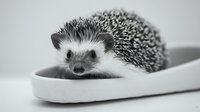 Adorable hedgehog sitting in white shoe on clean background. Cute small mammal pet portrait in monochrome style for animal lovers and wildlife concepts.