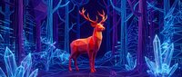 Majestic red deer with antlers standing in mystical forest with glowing blue crystals and magical lighting for fantasy artwork and digital designs.