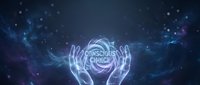 Hands holding glowing energy sphere with cosmic background for spiritual healing meditation and mystical power concepts in digital art style.
