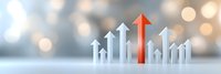 Group of white and one red rising arrows showing growth trend against blurred bokeh background with soft lighting effects and copy space for business presentations.