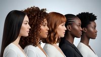 Diverse group of five women in profile showing different hair textures and ethnicities representing beauty diversity and multicultural unity in studio setting.