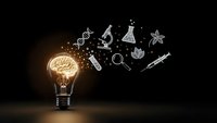 Glowing light bulb with scientific icons floating on dark background representing innovation, research, discovery and creative thinking in science education.