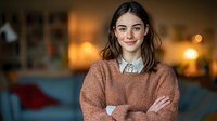 Young woman with brown hair wearing cozy terracotta sweater over collared shirt, standing with arms crossed in warm, softly lit living room with bokeh background.