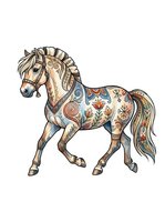 Decorated horse with ornamental patterns, isolated on white background. Stylized equine design featuring geometric and floral motifs, suitable for clipart, textiles, and graphic design projects.