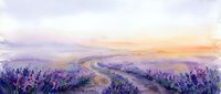 Watercolor painting of winding dirt road through lavender fields at sunset with purple flowers and golden sky creating peaceful countryside landscape.