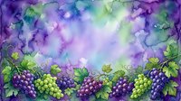 Watercolor grape vine border with purple and green grapes on a soft blue-purple background, perfect for wine labels, invitations, and nature designs.