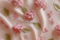 Delicate pink hydrangea flowers and green leaves on soft satin fabric creating an elegant floral arrangement for wedding, romantic, or feminine design projects.
