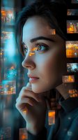 Side profile portrait of young woman with thoughtful expression against blurred city lights background in blue and orange tones, creating dreamy atmosphere.