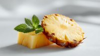 Fresh pineapple slices with mint garnish on white surface for healthy eating and tropical fruit concepts in food photography and culinary designs.