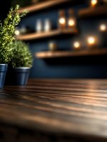 Wooden table surface with blurred kitchen background featuring herbs in pot and warm lighting for product display and food photography.