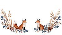 Two adorable red foxes sitting among autumn botanical wreath with leaves, berries and pinecones on white background for seasonal design projects.