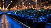 Rows of potted plants illuminated by blue and warm string lights in greenhouse create magical atmosphere. Long perspective view down industrial growing facility.