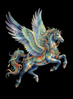 Ornate winged horse with intricate decorative patterns in blue, gold, and teal. Isolated on transparent background, ready for t-shirts, stickers, clipart, and print-on-demand designs.