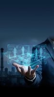 Businessman in suit holding glowing holographic smart power grid with electric towers and substation over hand, futuristic energy concept.