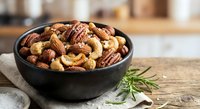 Mixed nuts assortment in black bowl with rosemary on wooden table. Healthy snacking, cooking ingredients for recipes and nutritious food preparation.