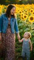 Happy mother and toddler daughter holding hands in sunflower field during golden hour sunset, family bonding moment in summer countryside.