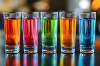 Colorful shot glasses filled with vibrant liquids in red, pink, green, orange and blue colors arranged in row on reflective surface with bokeh background.