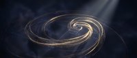 Abstract golden spiral energy waves flowing in cosmic space with dark blue nebula background creating mystical swirling motion for meditation and spiritual concepts.