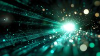 Glowing turquoise light rays burst through digital matrix space with floating bokeh particles and bright center point creating futuristic technology background.