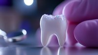 Dental professional holding white molar model with glittering crown against blurred dental office background.