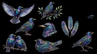 Iridescent starling birds clipart set isolated on transparent background, ready for t-shirt design, stickers, sublimation, and print on demand use.
