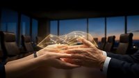 Business professionals joining hands with glowing network connections in modern office boardroom at sunset for teamwork and partnership concepts.