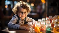 Young boy with curly hair and glasses smiling at colorful mason jars filled with illuminated drinks, creating magical atmosphere in dark setting with bokeh lights.