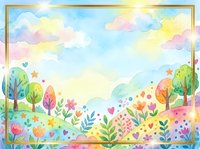 Watercolor fantasy landscape with colorful trees, flowers, hearts, and stars under a pastel sky, framed in gold. Copy space for text.